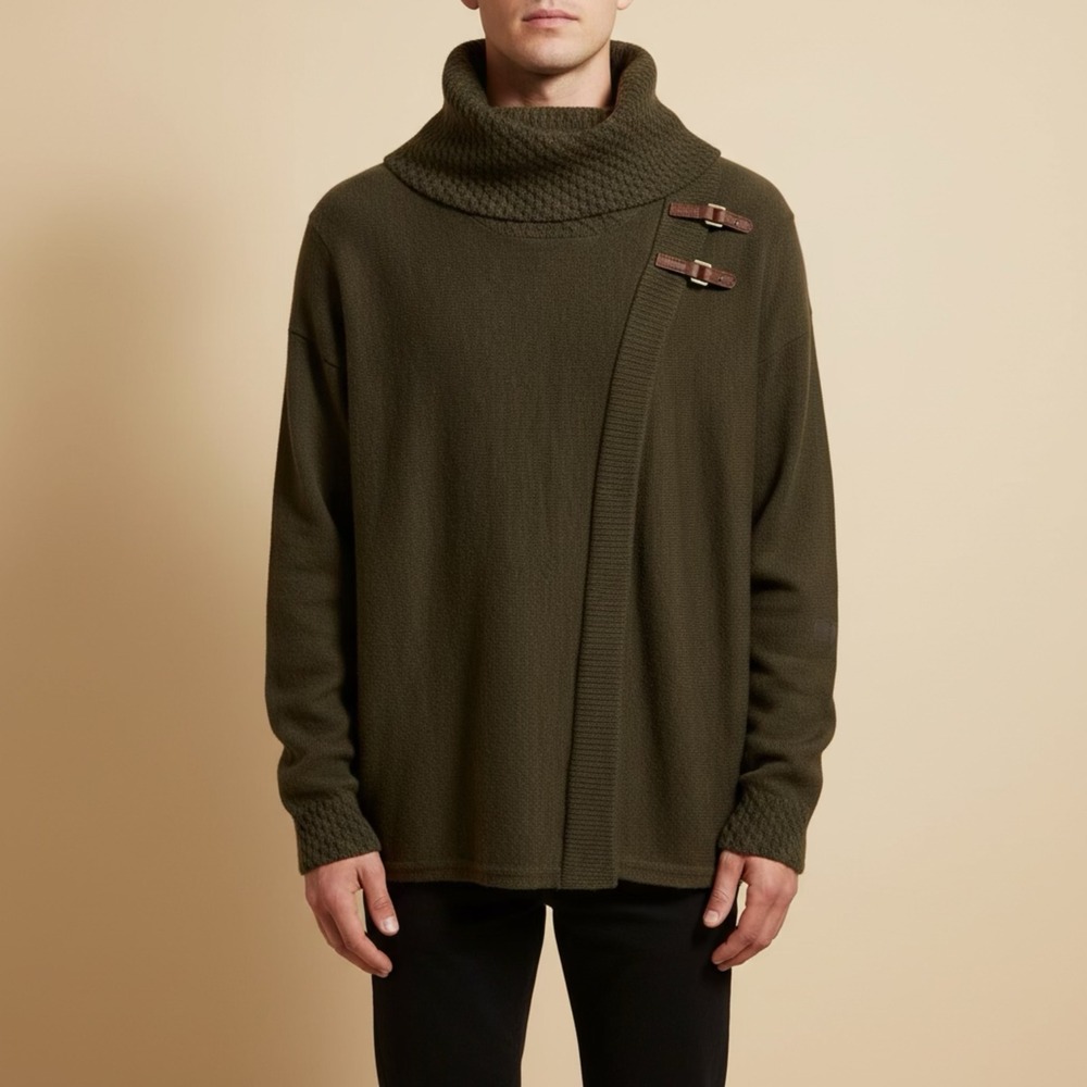 Ellen Tracy Merino Wool Cowl Neck Buckle Wrap Sweater Olive Green Mens Medium